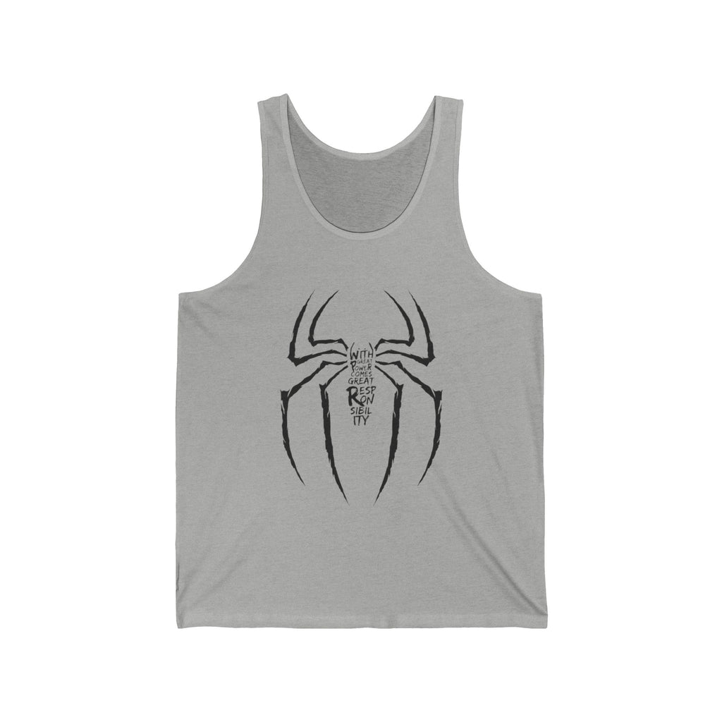 Spider Emblem Tank Top — Stylized Spider Logo with 'With Great Power Comes Great Responsibility' Text