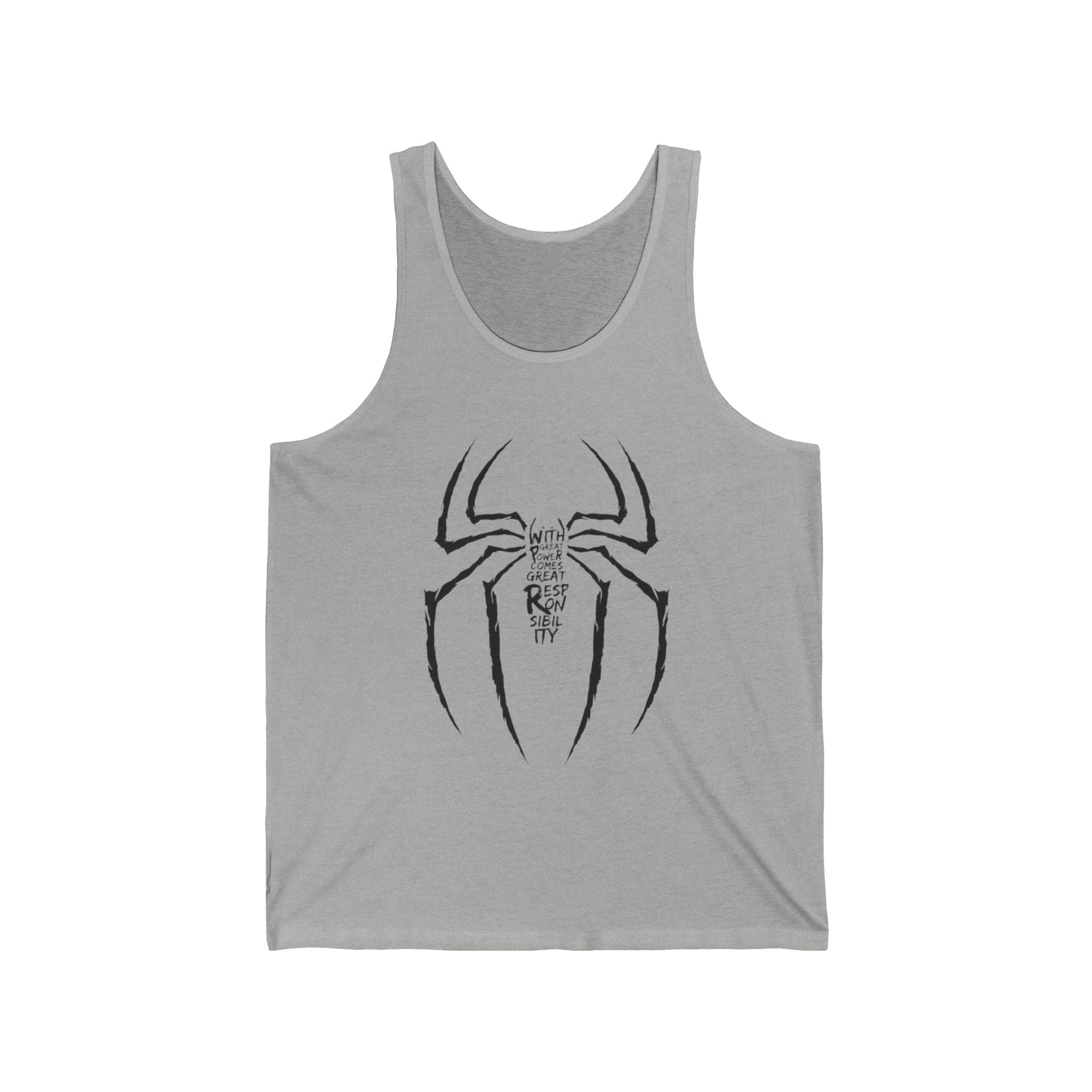 Spider Emblem Tank Top — Stylized Spider Logo with 'With Great Power Comes Great Responsibility' Text