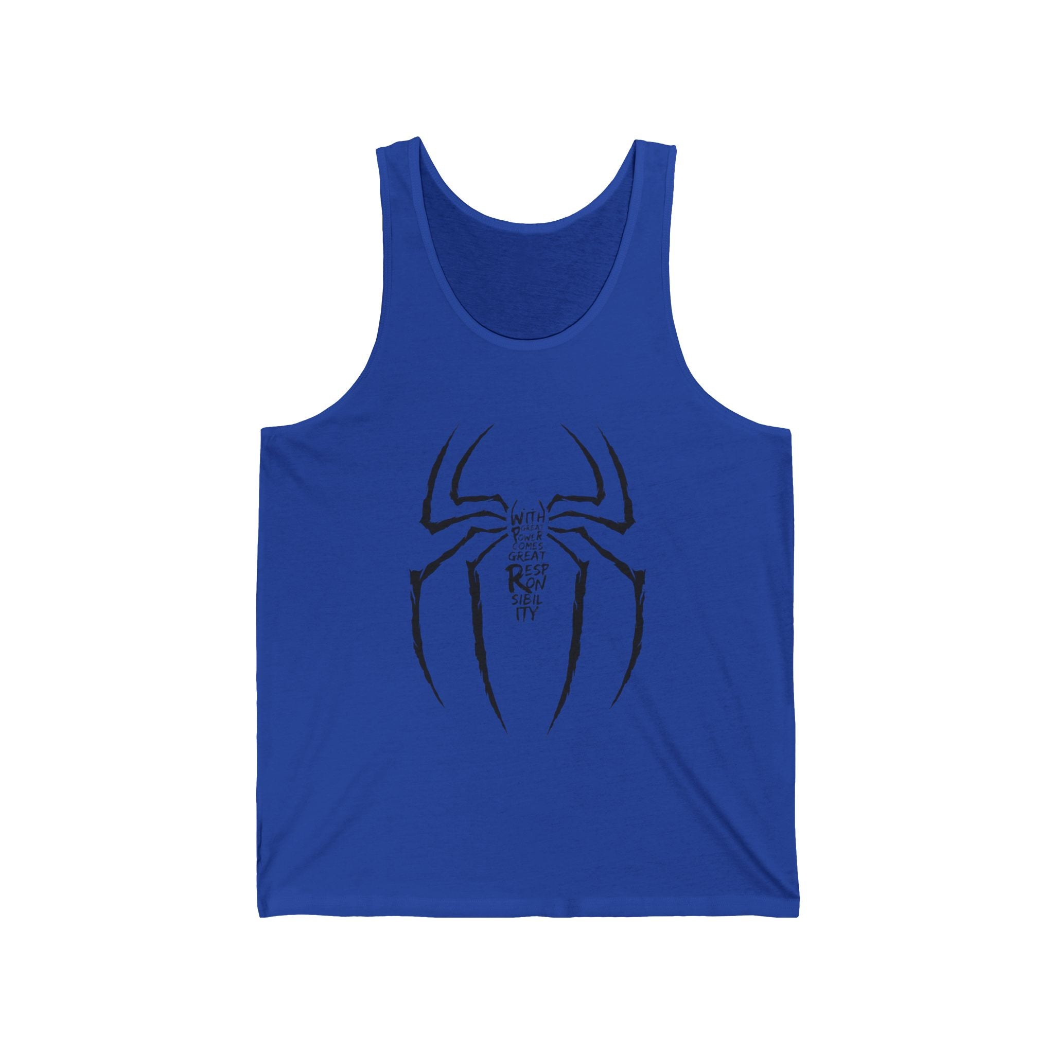Spider Emblem Tank Top — Stylized Spider Logo with 'With Great Power Comes Great Responsibility' Text