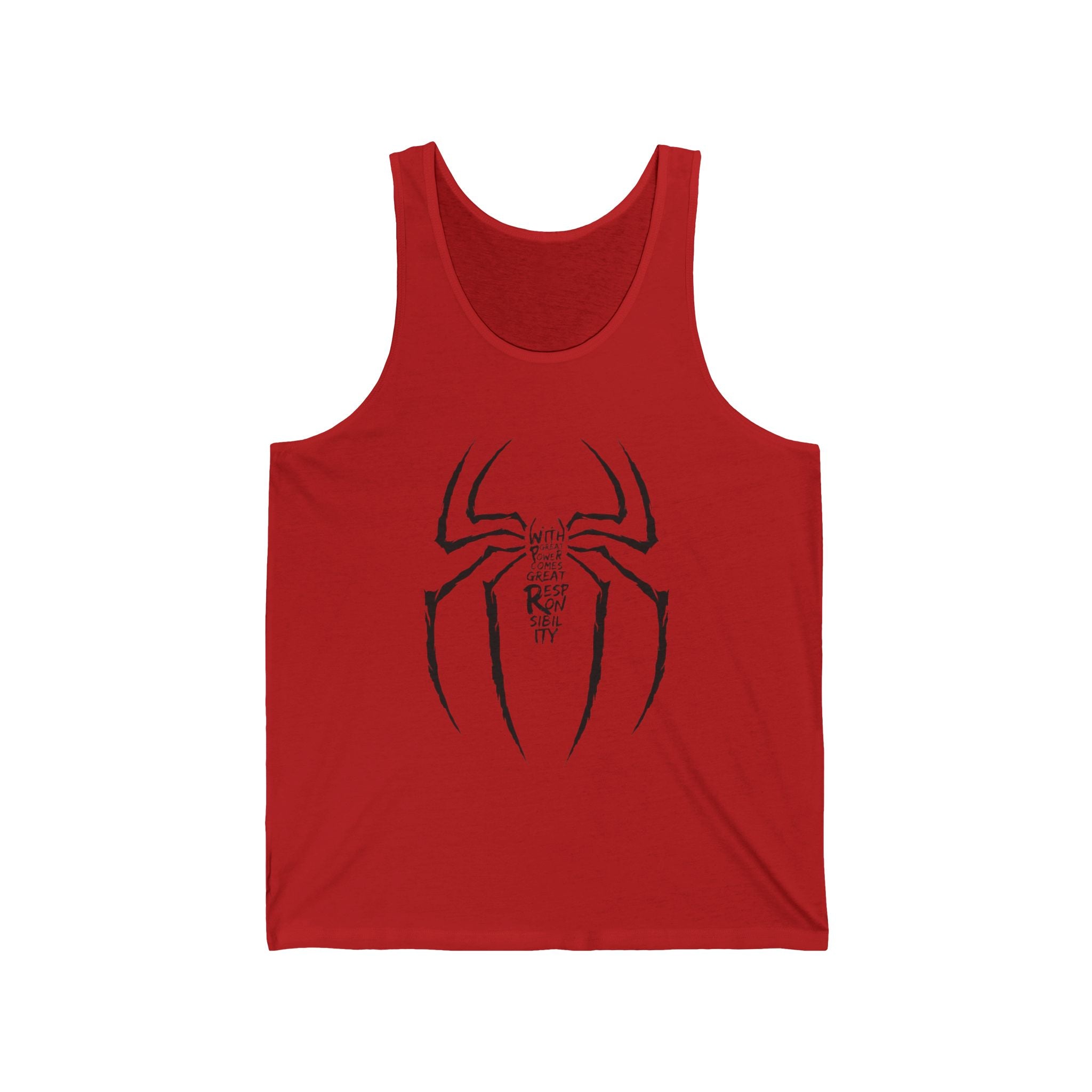 Spider Emblem Tank Top — Stylized Spider Logo with 'With Great Power Comes Great Responsibility' Text