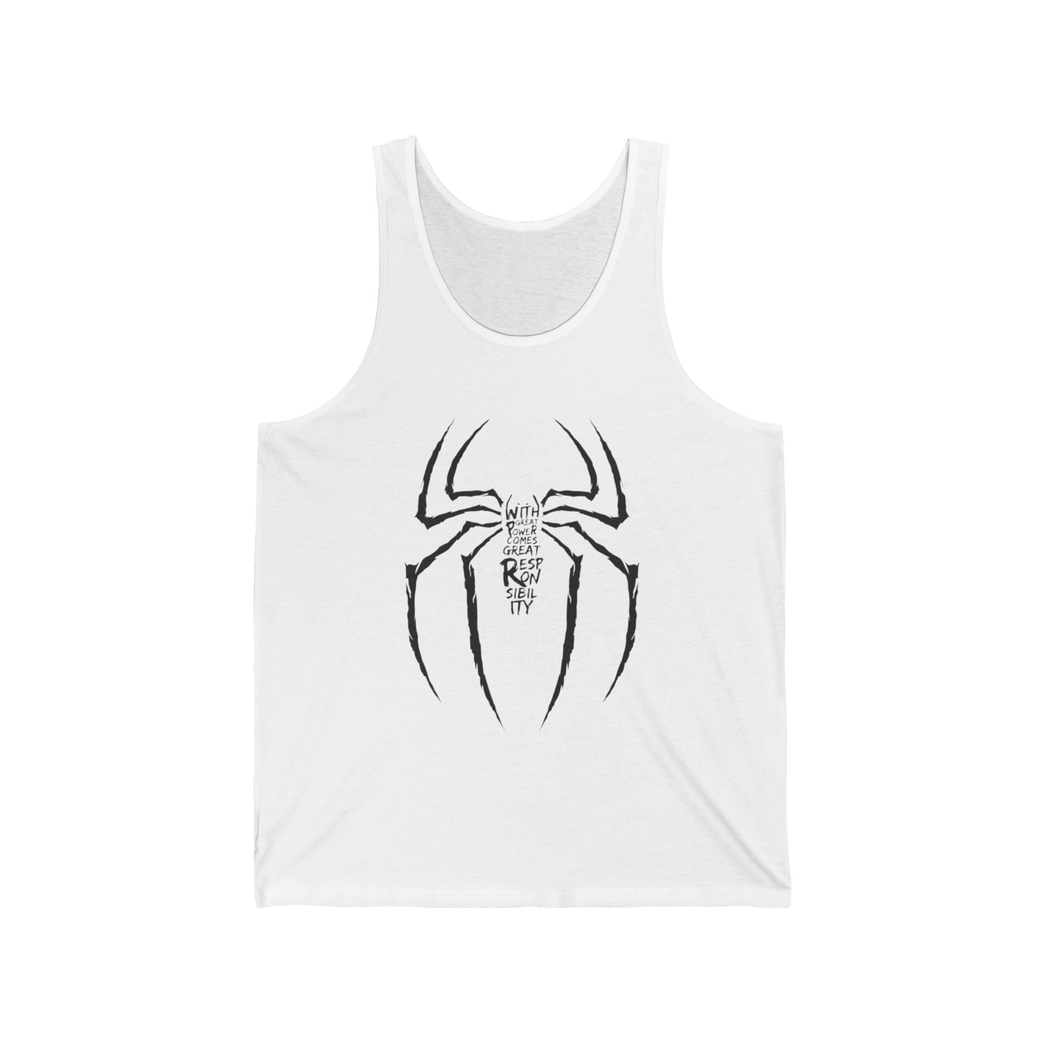 Spider Emblem Tank Top — Stylized Spider Logo with 'With Great Power Comes Great Responsibility' Text